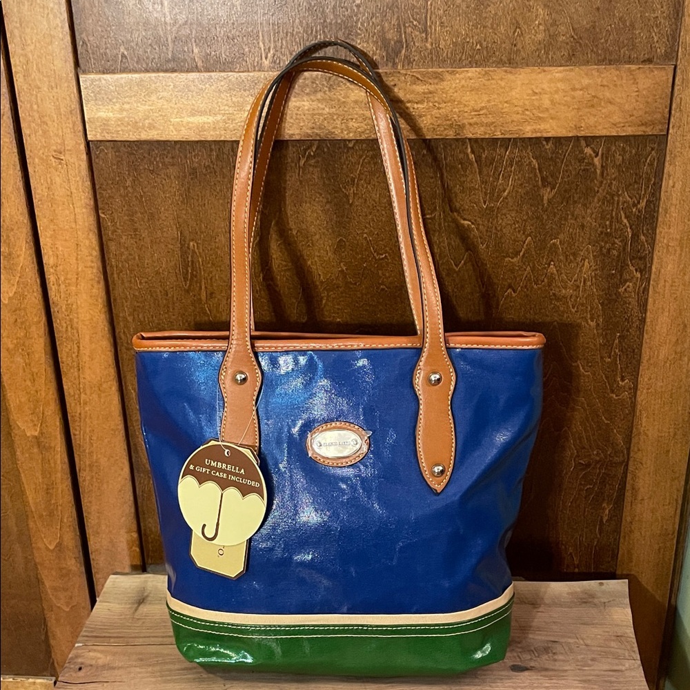 Franco Sarto blue and green tote with change purse and umbrella.